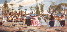 Itinerario Danza "El Pericón" Cuadro tradicional gauchos y chinas bailando el Pericón